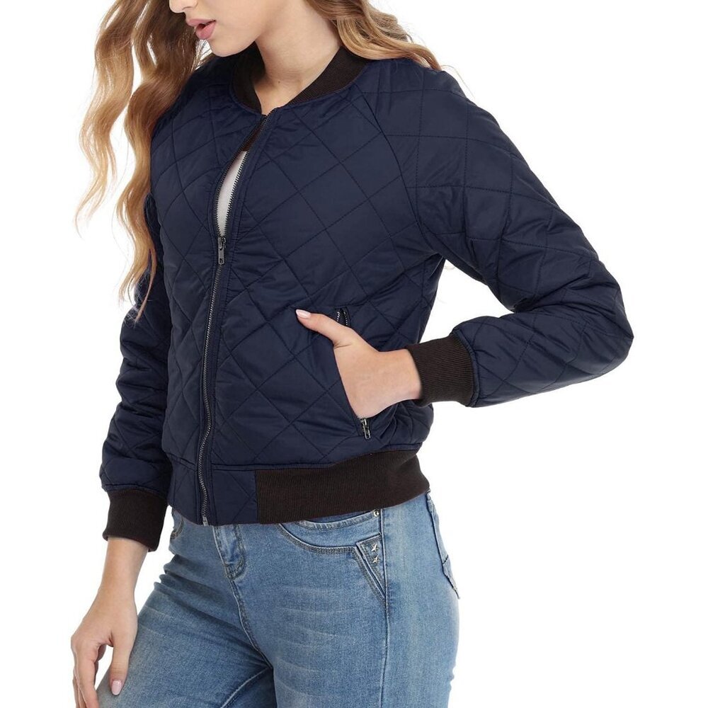 Women's Lightweight Zip Up Fashion Outerwear Dark Blue Quilted Bomber Jacket - Picture 4 of 5
